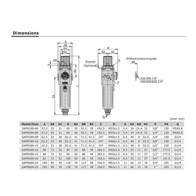 GAFR40010LNWT AIRTAC PARTICULATE FILTER/REGULATOR<BR>GAFR400 SERIES 3/8" NPT 20-58 PSI 5 MIC W/ GA MNT BRK